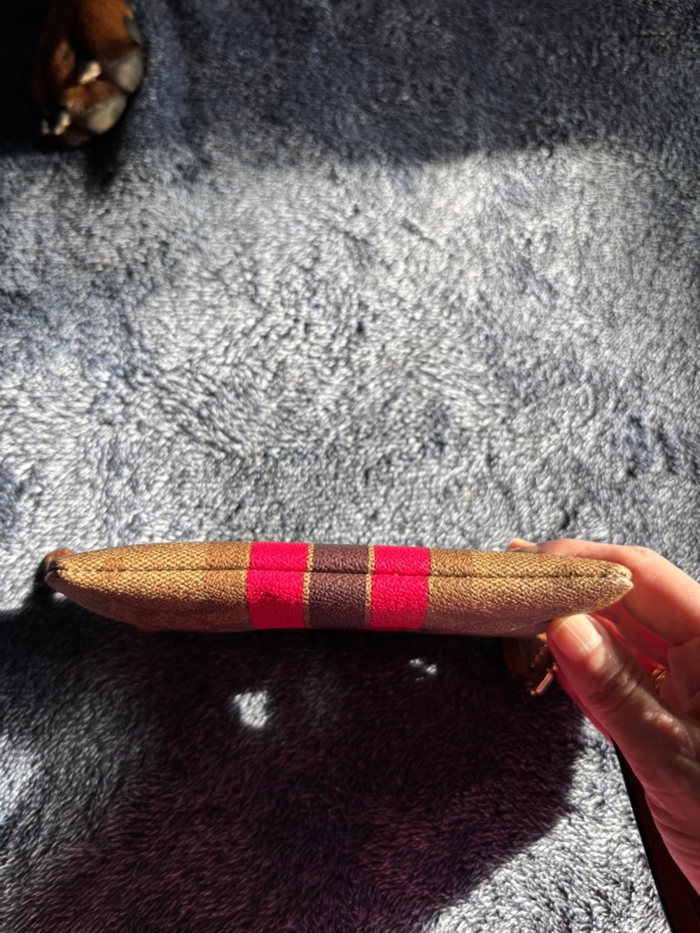EUC Coach Brown Canvas Wristlet with Red & Dark Brown Center Stripe - Picture 3 of 10